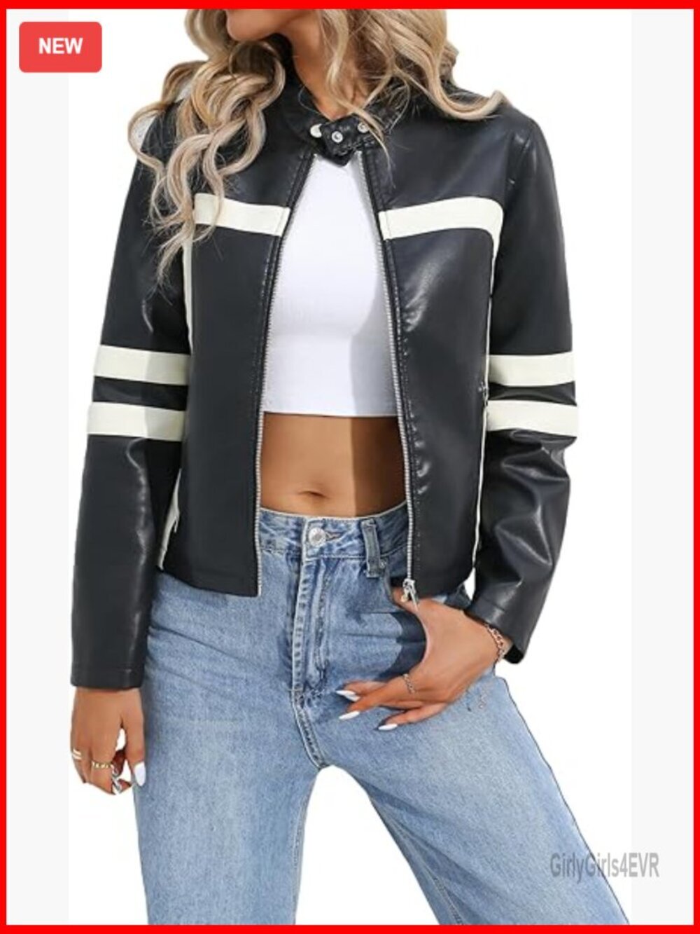 Faux Leather Moto Jacket, Band Collar, Cropped Fit, Button Closure